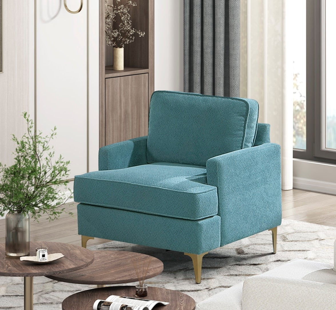 Modern Comfort Accent Chair 1pc Peacock Color Chenille Upholstery Gold Finish Metal Legs Living Room Furniture Durable Plywood
