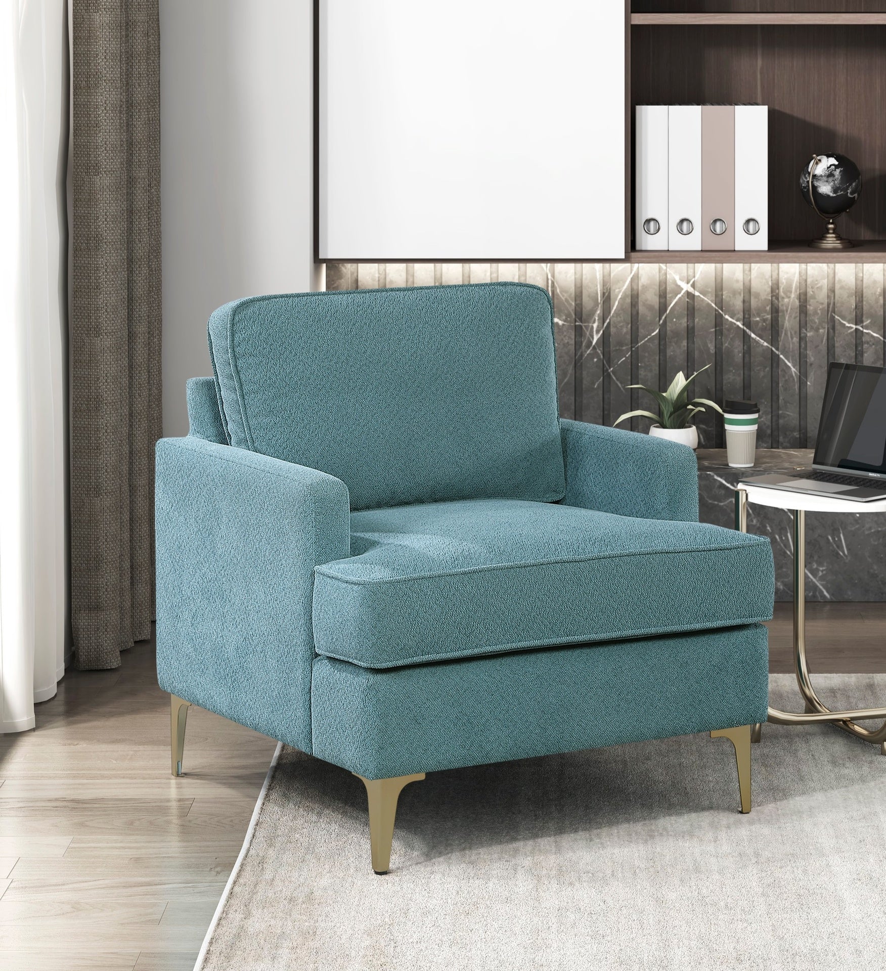 Modern Comfort Accent Chair 1pc Peacock Color Chenille Upholstery Gold Finish Metal Legs Living Room Furniture Durable Plywood