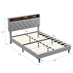 Queen-Size Upholstered Platform Bed Frame with a Modern Button-Tufted Linen Fabric Headboard,USB Ports,Convenient Charging Station,two side-mounted pockets,not require a box spring,Light Grey