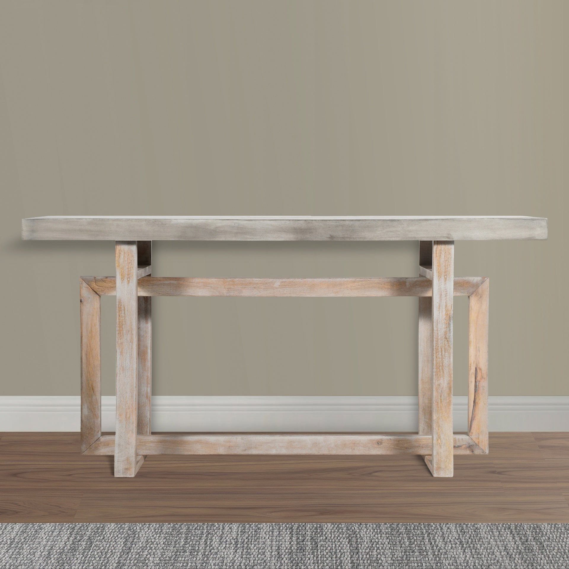 59 Inch Artisan Sideboard Console Table with Geometric Interlocked Base, Distressed Matte Gray