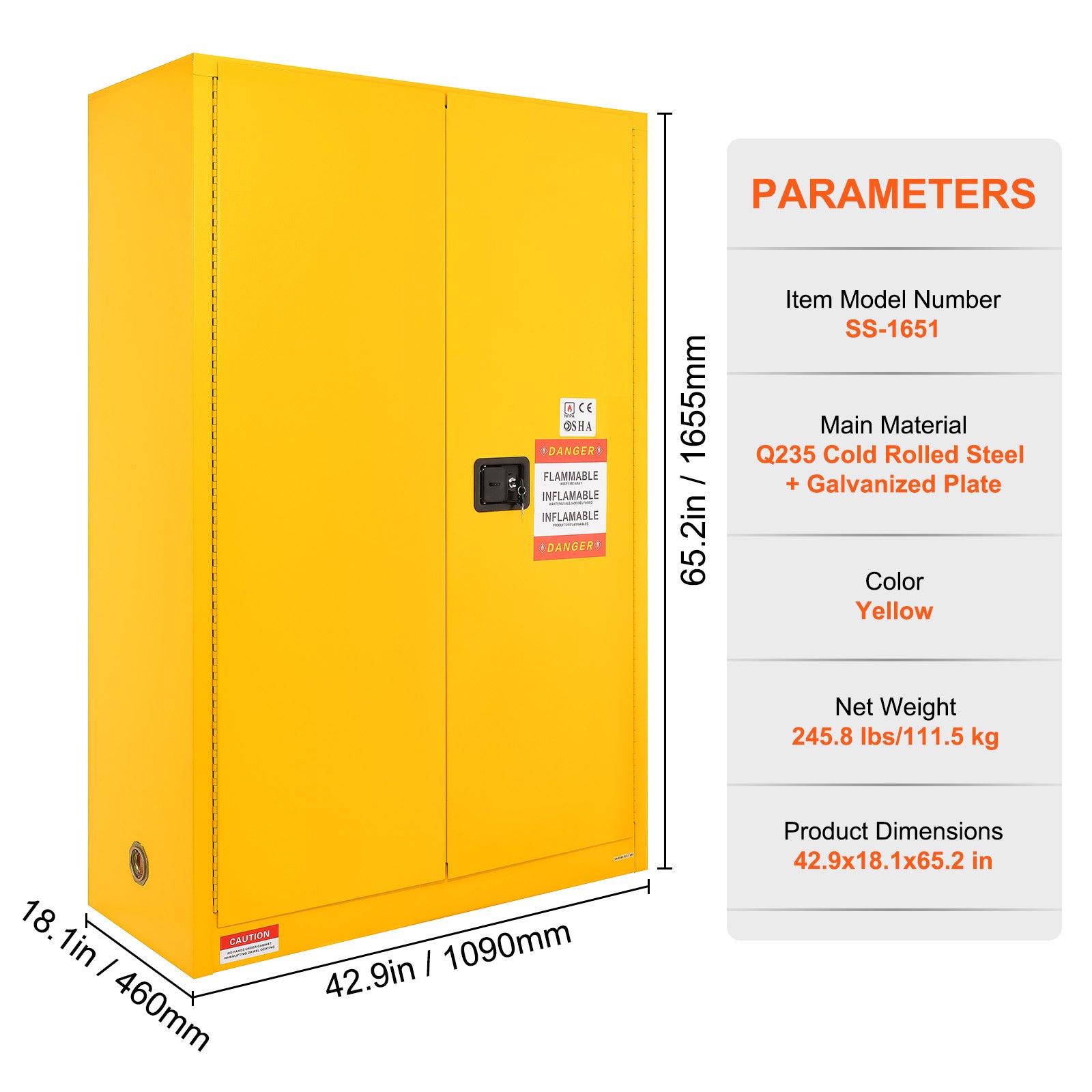 Flammable Safety Cabinet, 45 Gal, Cold-Rolled Steel Flammable Liquid Storage Cabinet, 42.9 x 18.1 x 65.2 in Explosion Proof with 2 Adjustable Shelves 2 Manual Doors for Industrial Use, Yellow