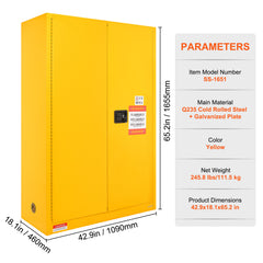 Flammable Safety Cabinet, 45 Gal, Cold-Rolled Steel Flammable Liquid Storage Cabinet, 42.9 x 18.1 x 65.2 in Explosion Proof with 2 Adjustable Shelves 2 Manual Doors for Industrial Use, Yellow