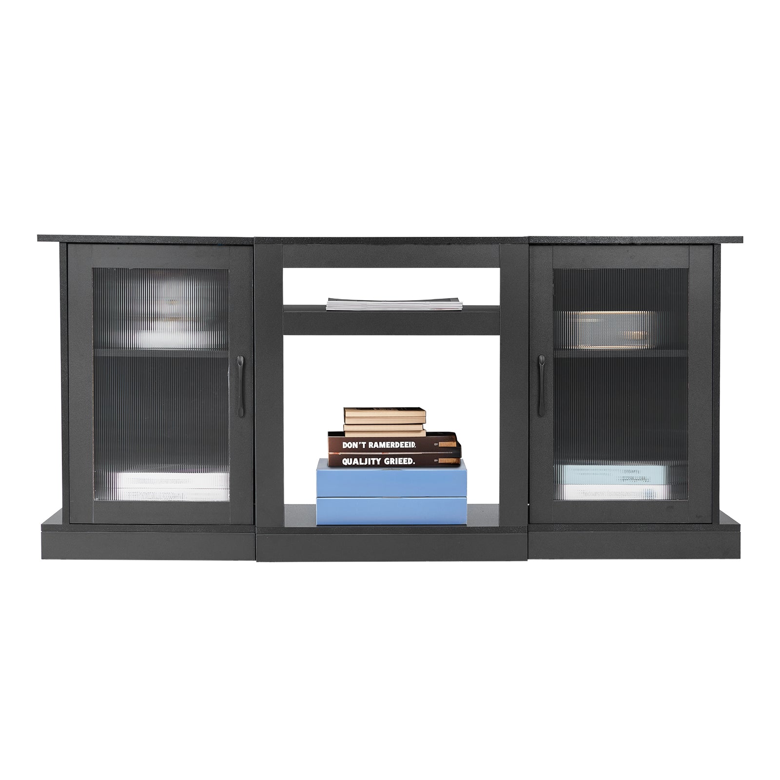 TV Stand for TVs up to 65 inch, Modern Entertainment Center with Light Strip, Wooden TV Cabinet Storage with Glass Doors and Adjustable Shelves, Console Table for Living Room and Bedroom, Black