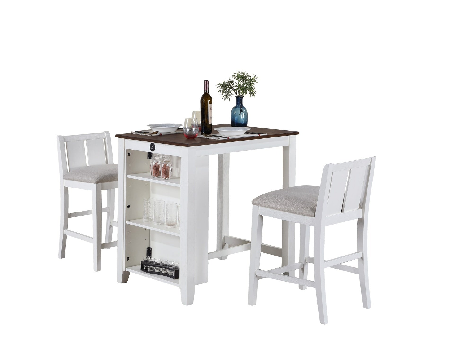 Graham 36" 3-Piece White Finish Small Space Counter Height Dining Table with Shelves and 2 Chairs