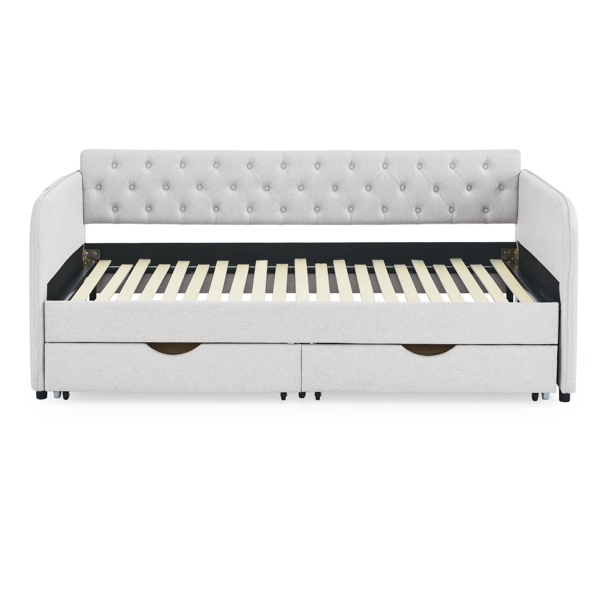 Twin Size Upholstery Daybed with Trundle Bed and Two Storage Drawers , Flat Arms with Pocket, Extendable Daybed for Bedroom Living Room,Linen Beige
