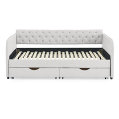 Twin Size Upholstery Daybed with Trundle Bed and Two Storage Drawers , Flat Arms with Pocket, Extendable Daybed for Bedroom Living Room,Linen Beige