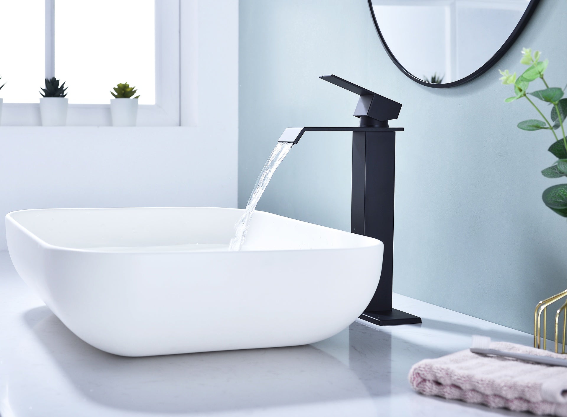 Waterfall Spout Bathroom Sink Single Handle Faucet with Pop-Up Drain (No Overflow)
