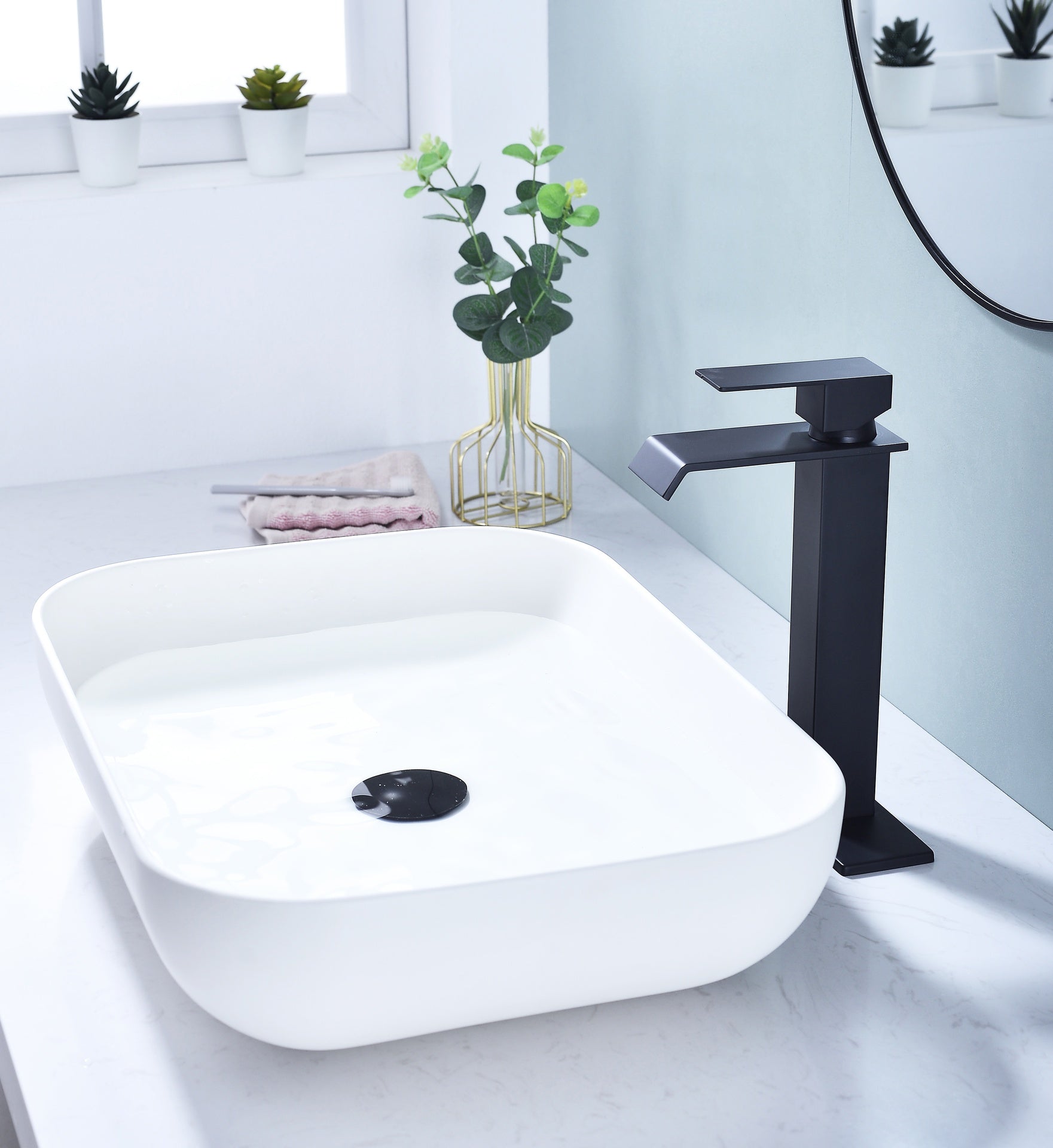 Waterfall Spout Bathroom Sink Single Handle Faucet with Pop-Up Drain (No Overflow)