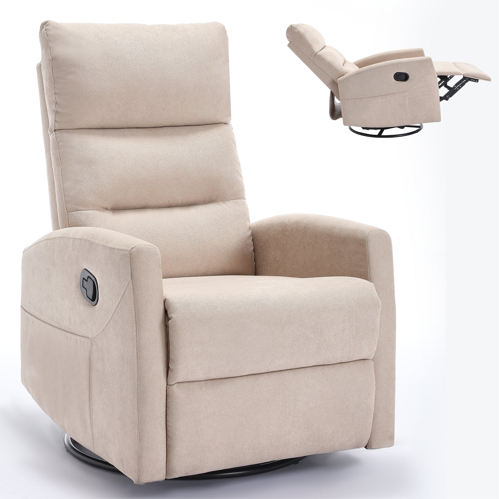 Manual Recliner Chair with Rocker and Swivel in Fabric for Living Room, Beige
