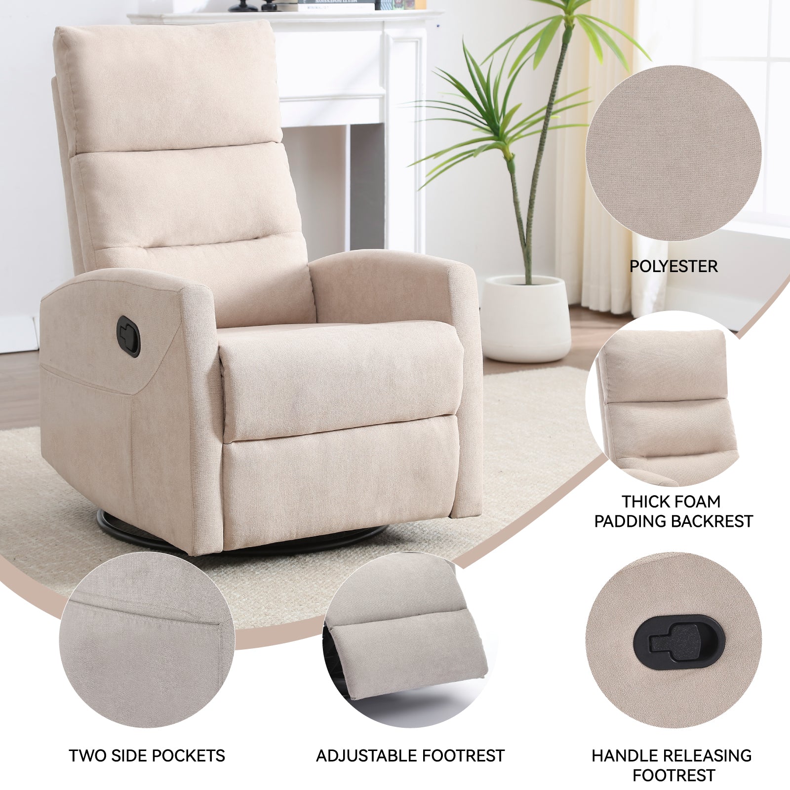 Manual Recliner Chair with Rocker and Swivel in Fabric for Living Room, Beige