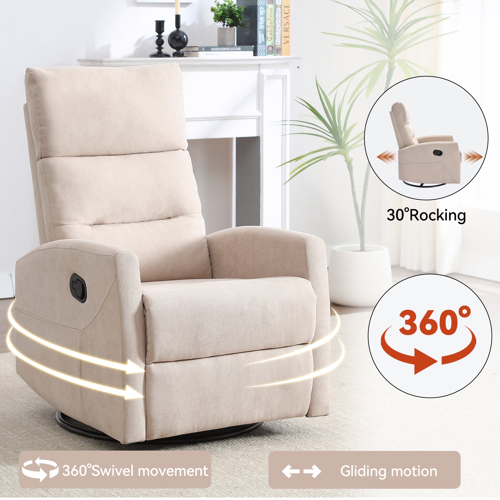 Manual Recliner Chair with Rocker and Swivel in Fabric for Living Room, Beige