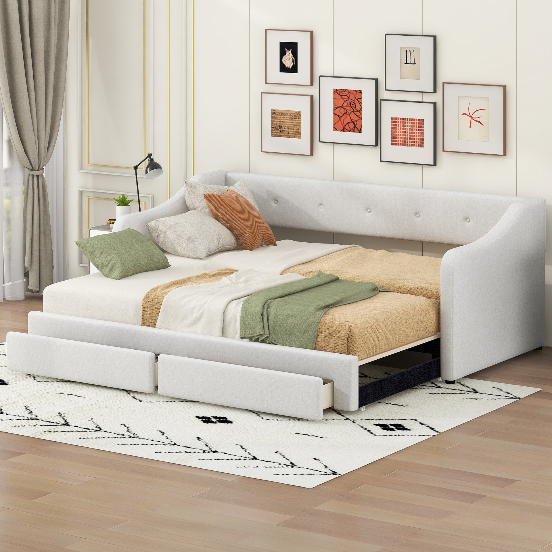 Twin XL to King Size Upholstered Daybed with Two Drawers, Beige