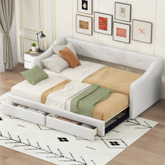 Twin XL to King Size Upholstered Daybed with Two Drawers, Beige