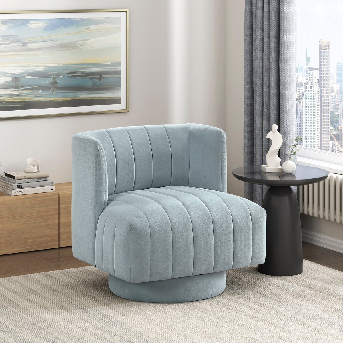 Modern Swivel Chair Upholstered Comfort Aqua Blue Fabric Stylish Living Room Furniture 1pc Accent Chair Contemporary Design Barrel Back