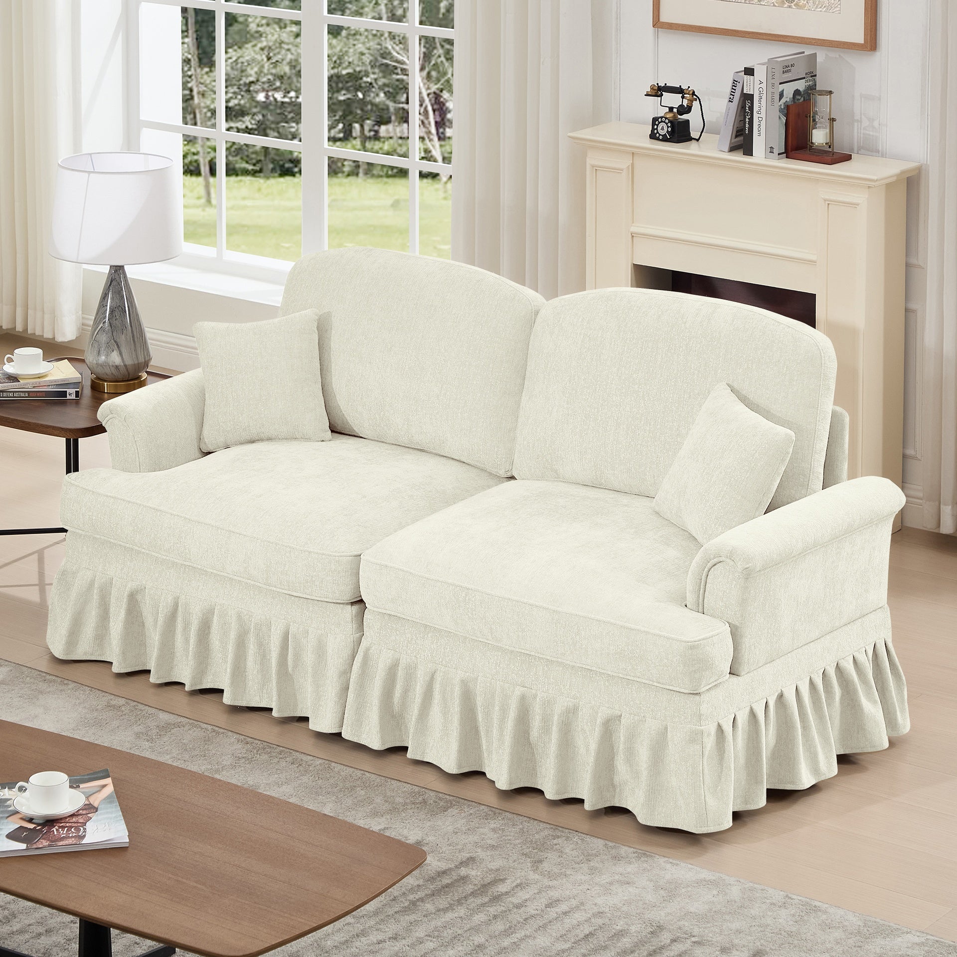 Elegant Mid Century Oversized Large Two Seater Sofa Couch with Flared Arms and Removable Ruffles Pleats Skirts and Spindle Legs, Comfy Chenille Two-Seat Love Seat Sofa for Living Room, Beige White