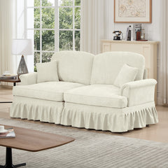 Elegant Mid Century Oversized Large Two Seater Sofa Couch with Flared Arms and Removable Ruffles Pleats Skirts and Spindle Legs, Comfy Chenille Two-Seat Love Seat Sofa for Living Room, Beige White