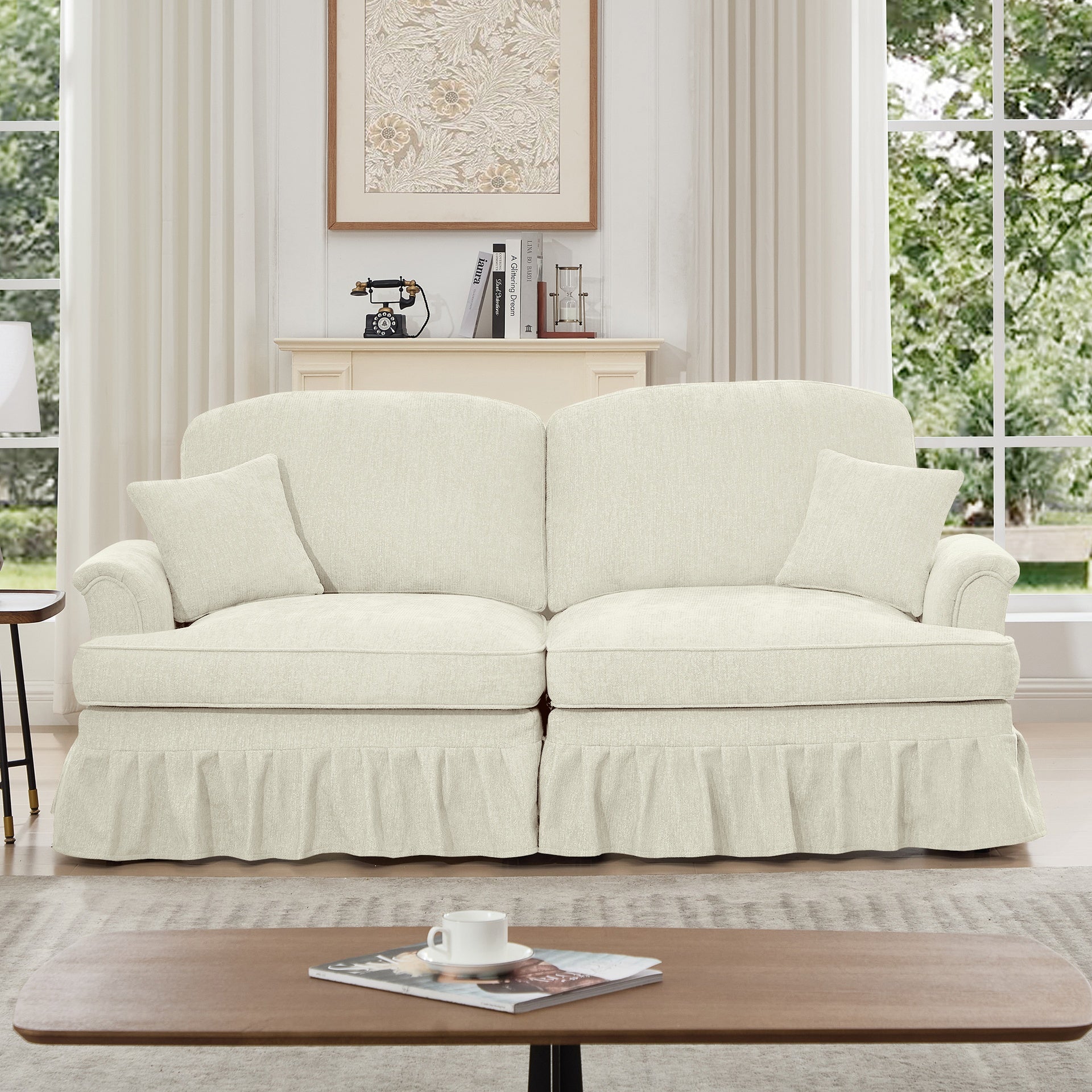 Elegant Mid Century Oversized Large Two Seater Sofa Couch with Flared Arms and Removable Ruffles Pleats Skirts and Spindle Legs, Comfy Chenille Two-Seat Love Seat Sofa for Living Room, Beige White