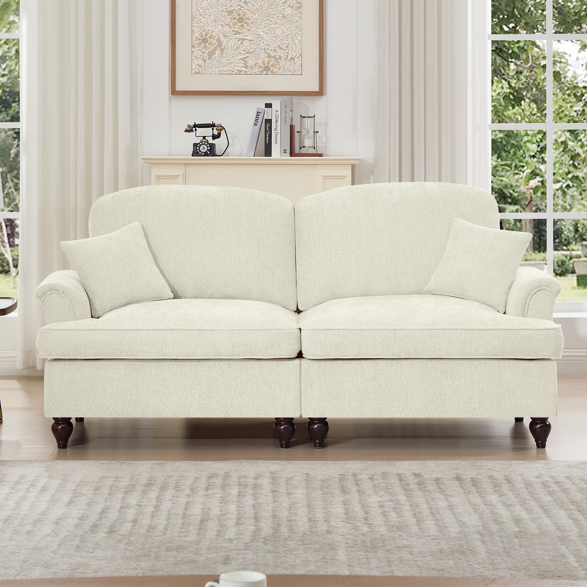 Elegant Mid Century Oversized Large Two Seater Sofa Couch with Flared Arms and Removable Ruffles Pleats Skirts and Spindle Legs, Comfy Chenille Two-Seat Love Seat Sofa for Living Room, Beige White