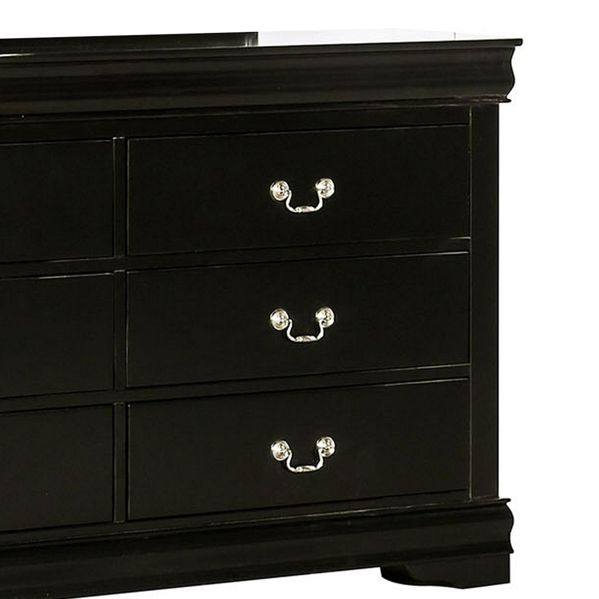Ryla Wide Dresser, 6 Drawers, Nickel Metal Handles, Black Solid Wood