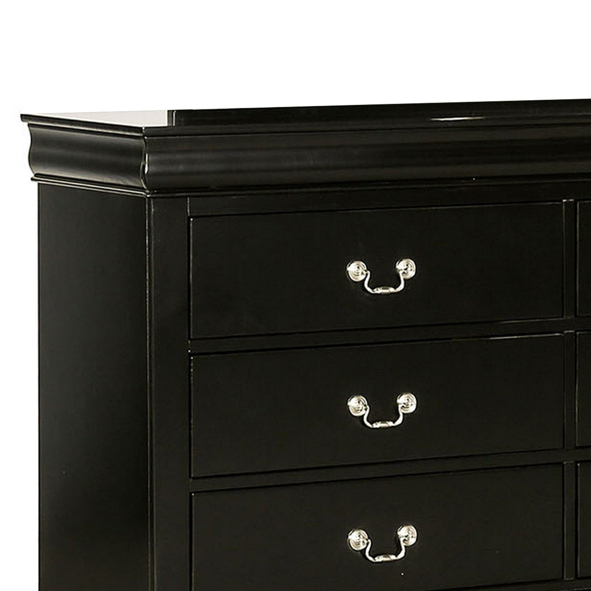 Ryla Wide Dresser, 6 Drawers, Nickel Metal Handles, Black Solid Wood