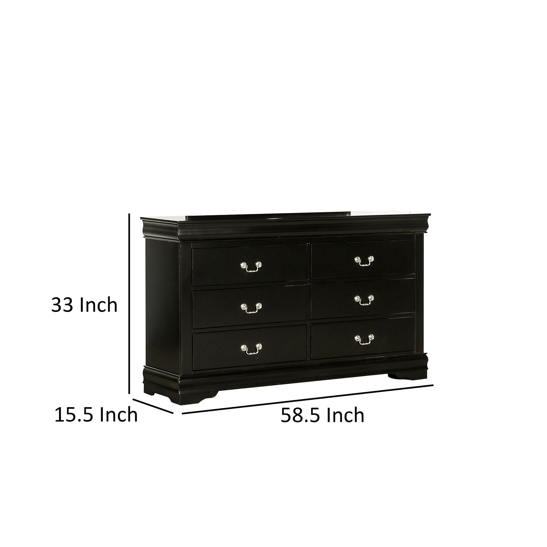 Ryla Wide Dresser, 6 Drawers, Nickel Metal Handles, Black Solid Wood
