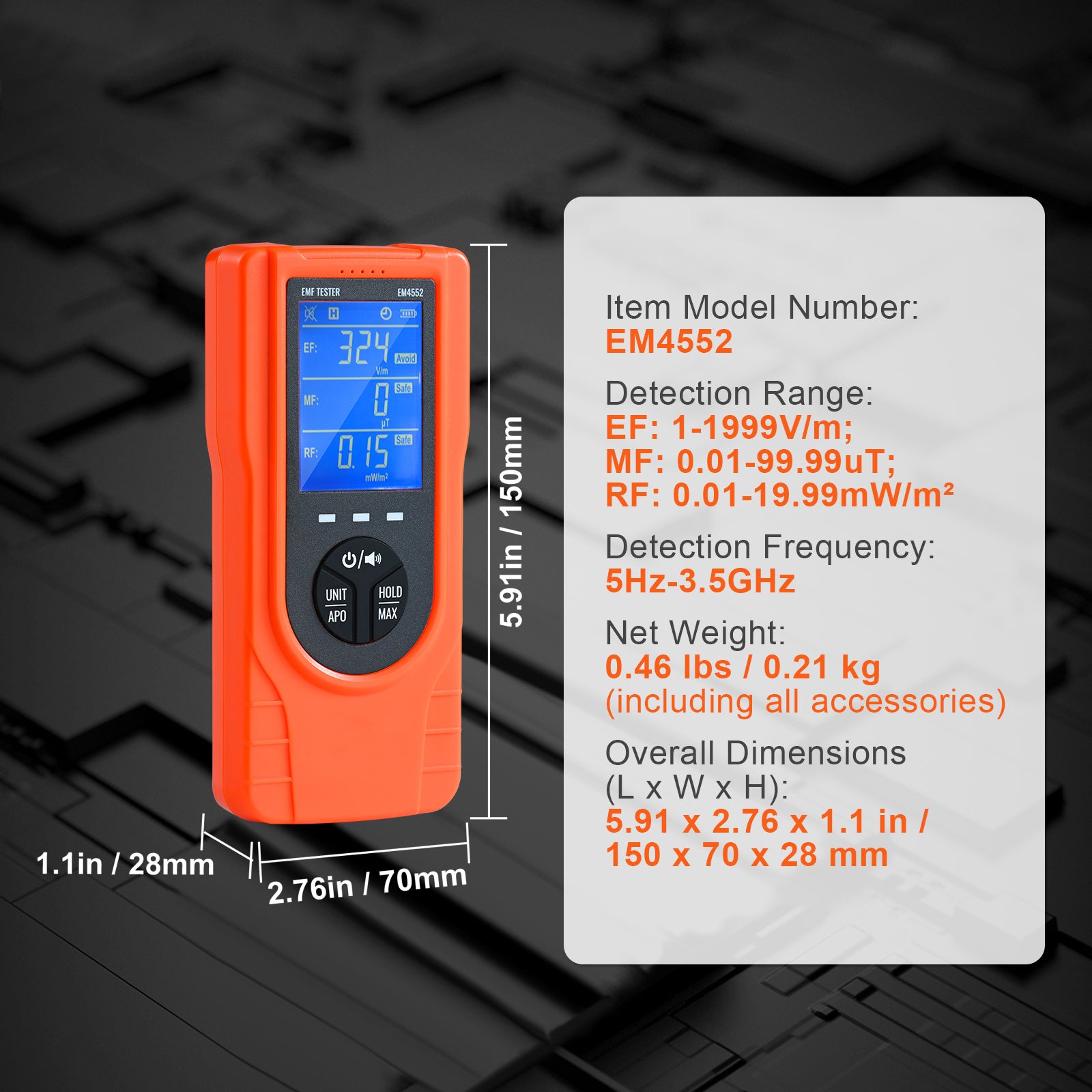 3-in-1 EMF Meter, 5Hz - 3.5GHz, Handheld Rechargeable Electromagnetic Field Radiation Detector, Digital LCD EMF Tester for EF MF RF Home Inspections Outdoor Ghost Hunting Paranormal Equipment