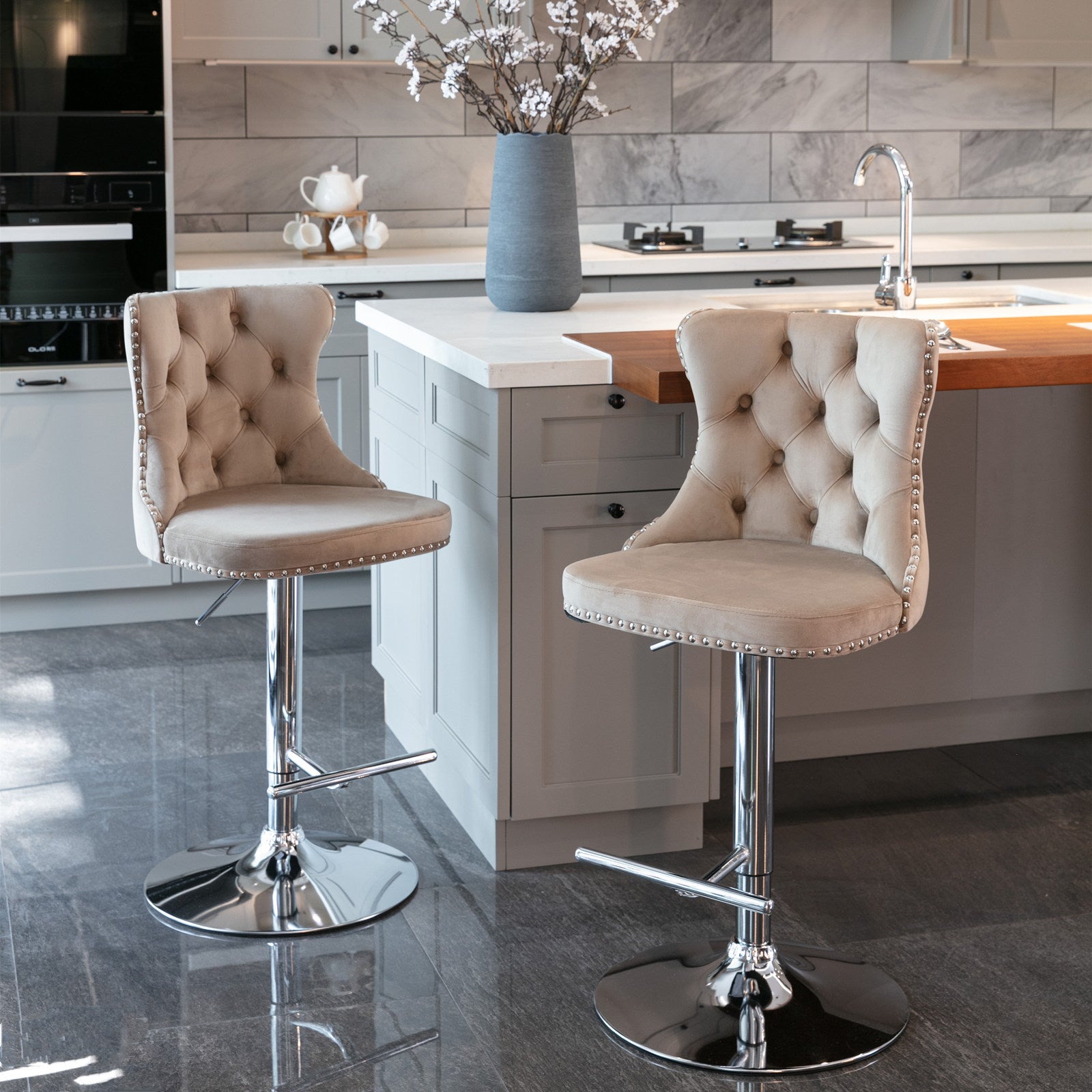 A&amp;A Furniture,Swivel Velvet Barstools Adjusatble Seat Height from 25-33 Inch, Modern Upholstered Chrome base Bar Stools with Backs Comfortable Tufted for Home Pub and Kitchen Island（Khaki,Set of 2）