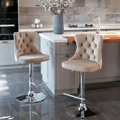 A&amp;A Furniture,Swivel Velvet Barstools Adjusatble Seat Height from 25-33 Inch, Modern Upholstered Chrome base Bar Stools with Backs Comfortable Tufted for Home Pub and Kitchen Island（Khaki,Set of 2）