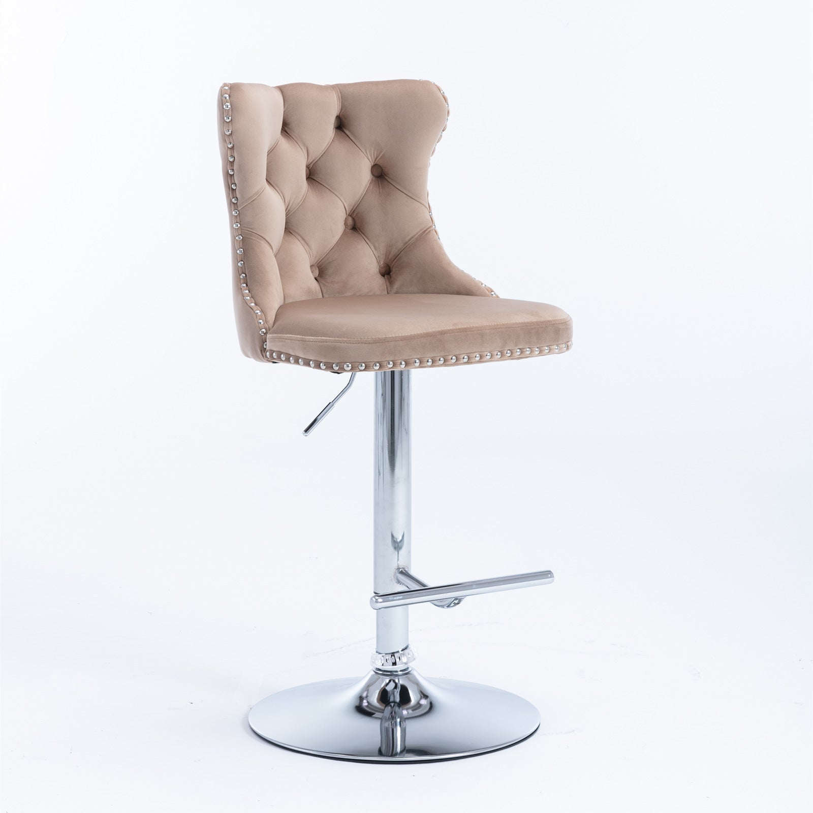 A&amp;A Furniture,Swivel Velvet Barstools Adjusatble Seat Height from 25-33 Inch, Modern Upholstered Chrome base Bar Stools with Backs Comfortable Tufted for Home Pub and Kitchen Island（Khaki,Set of 2）