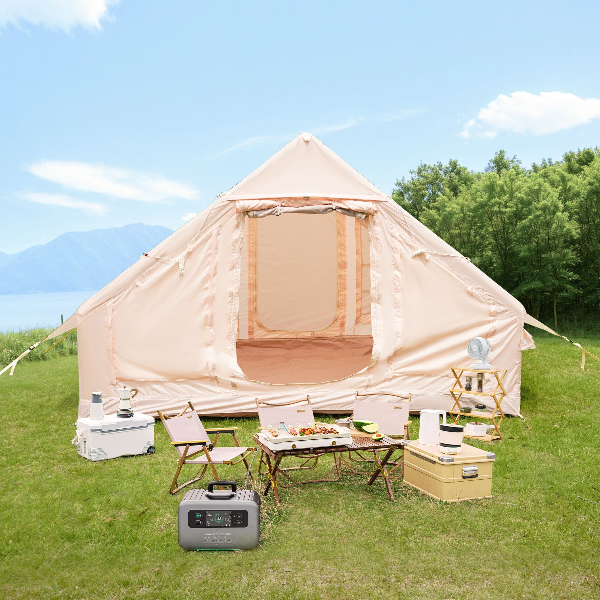 Inflatable Camping Tents with Hand Pump, Air Glamping Tents, Easy Setup Waterproof and Windproof Blow up Tent, 4 Seasons Oxford Cabin Tent with Mesh & Chimney Window.