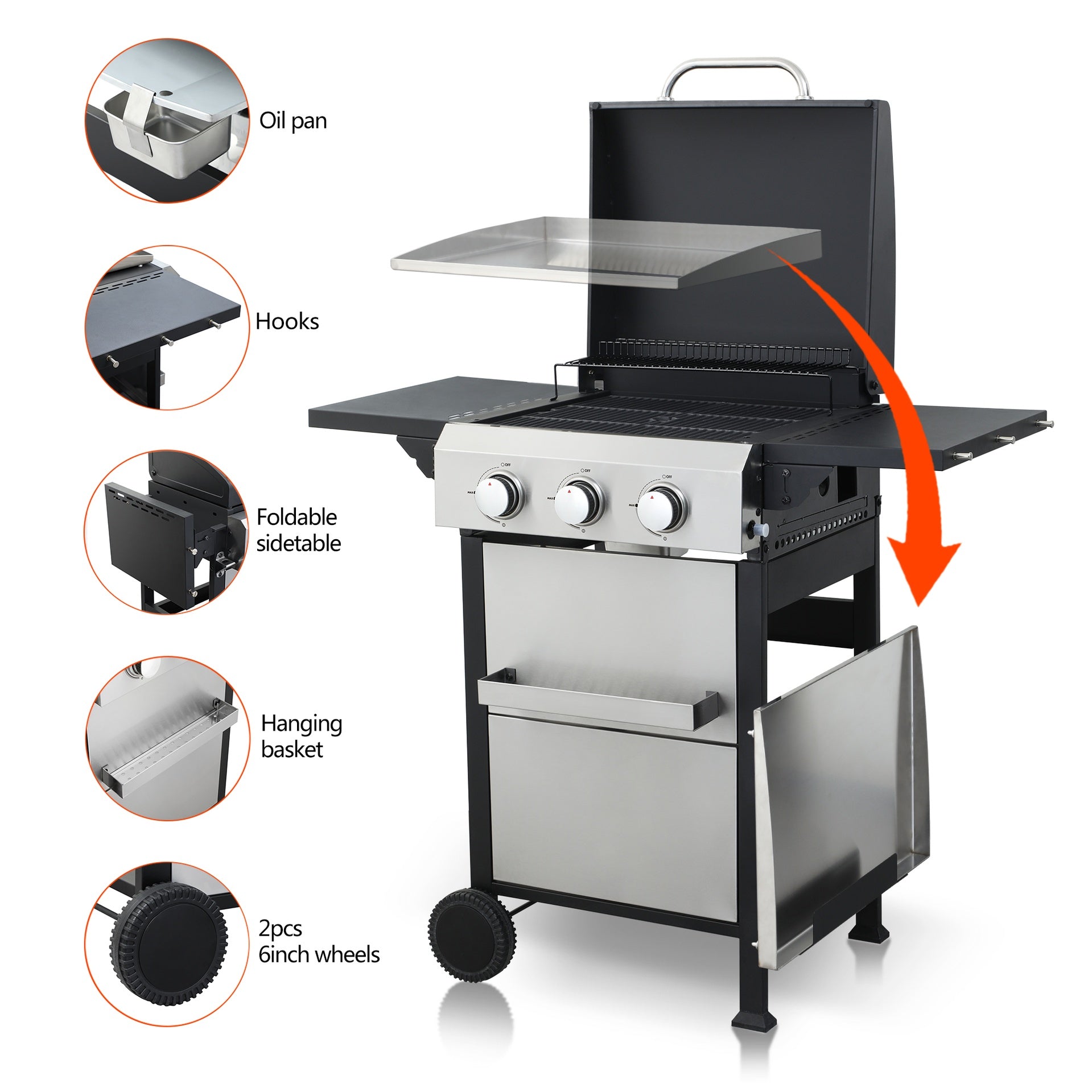 3-Burner Propane Gas BBQ Grill, SS Plancha, 36900BTU Output With Wire Enamel Cooking Grids For Outdoor Barbecue, Foldable Side Table, Hanging Basket, Stainless Steel