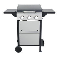 3-Burner Propane Gas BBQ Grill, SS Plancha, 36900BTU Output With Wire Enamel Cooking Grids For Outdoor Barbecue, Foldable Side Table, Hanging Basket, Stainless Steel
