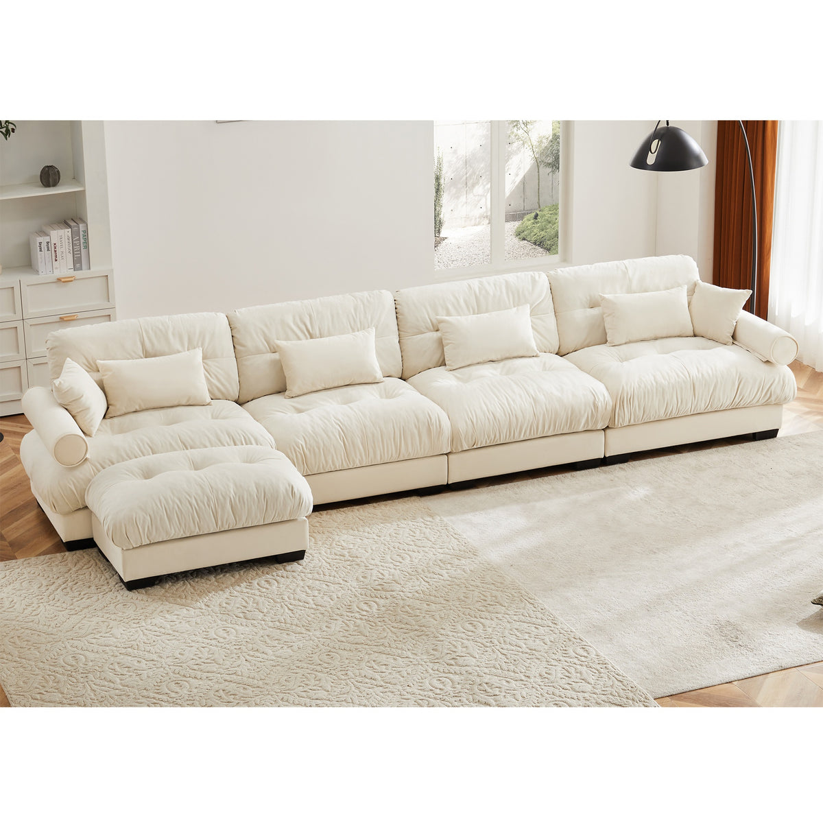L Shaped Sectional Cloud Sofa , Convertible Deep 4 Seater Modular Couch for Living Room,Modern Velvet Comfy Upholstered Corner Couch  Waist Pillows, Throw Pillows and Blostered Armrests,Cream