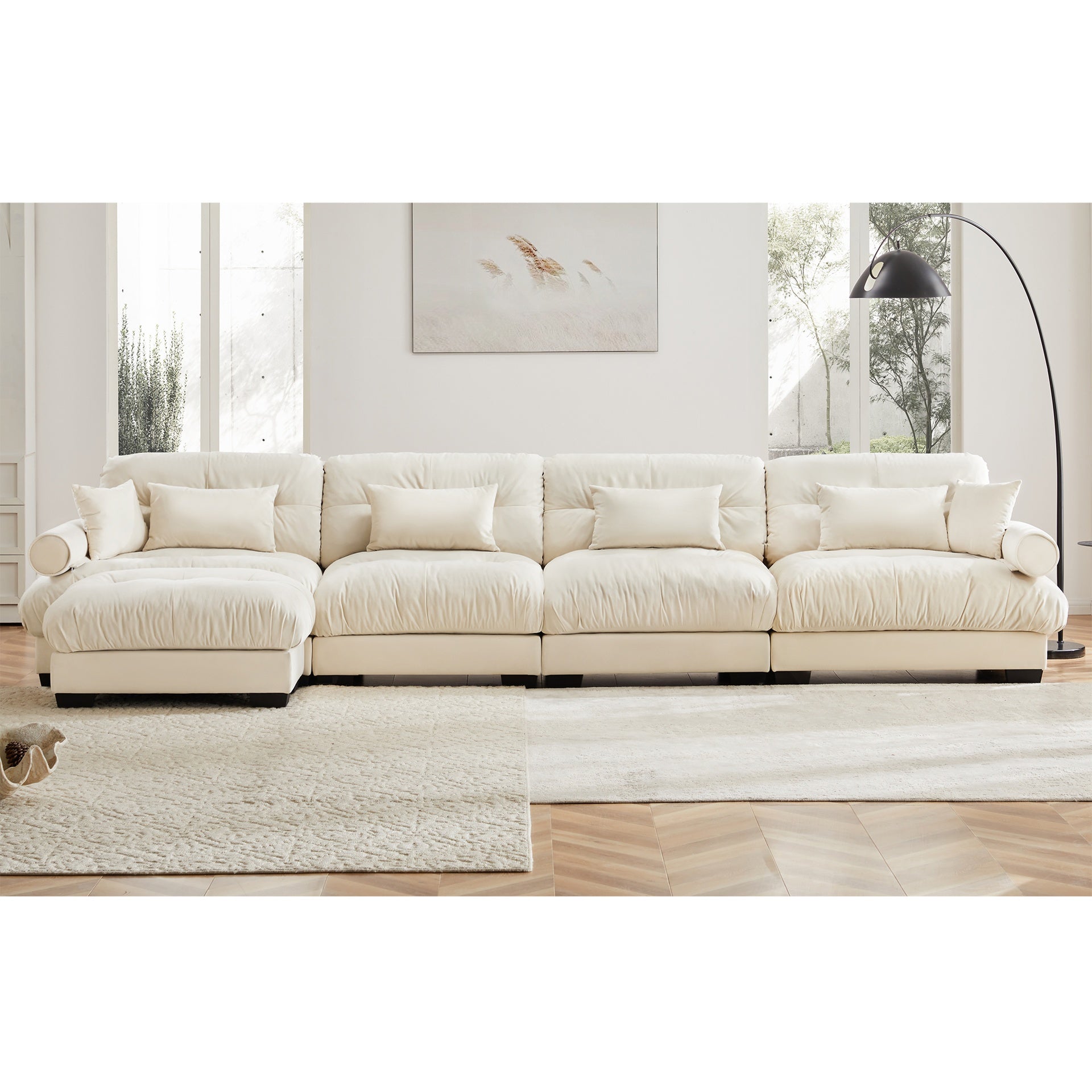 L Shaped Sectional Cloud Sofa , Convertible Deep 4 Seater Modular Couch for Living Room,Modern Velvet Comfy Upholstered Corner Couch  Waist Pillows, Throw Pillows and Blostered Armrests,Cream