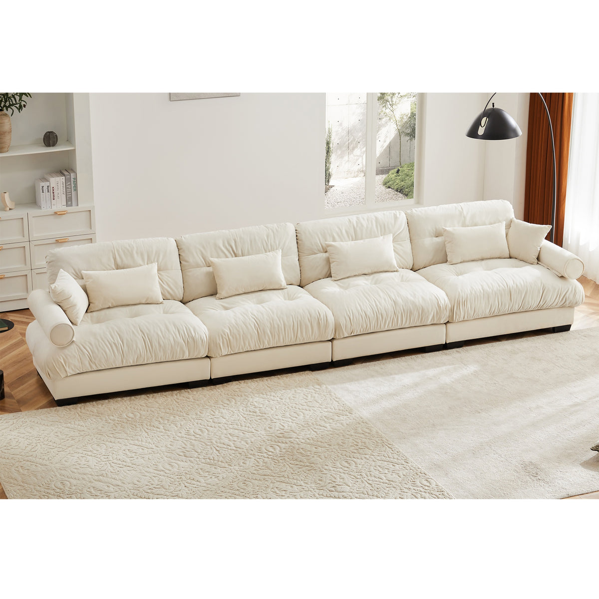 Super Comfort Oversized Modular Velvet Sectional Sofa Couch with Movable Ottoman,Corner Sectional with Bolstered Armrests, Deep Seat Cloud Couch, Convertible L Shaped Couch for Living Room Cream