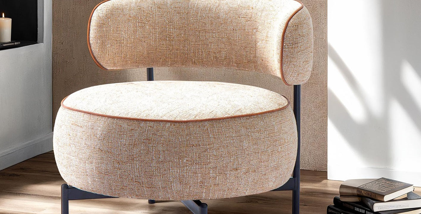 Light Brown Finish Swivel Chair Metal Legs Contemporary Style Curved Backrest Contrast Welt Pocketed Coil