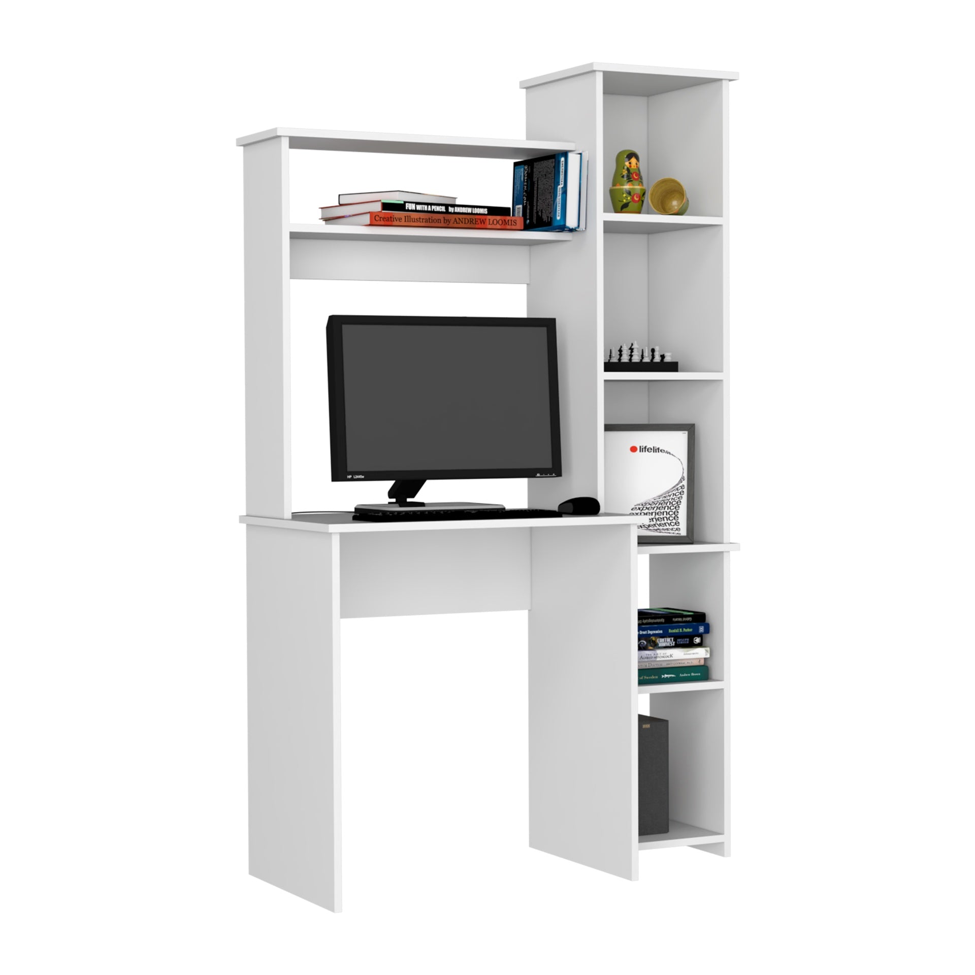 Desk, Five Shelves, Two Superior Shelves, White