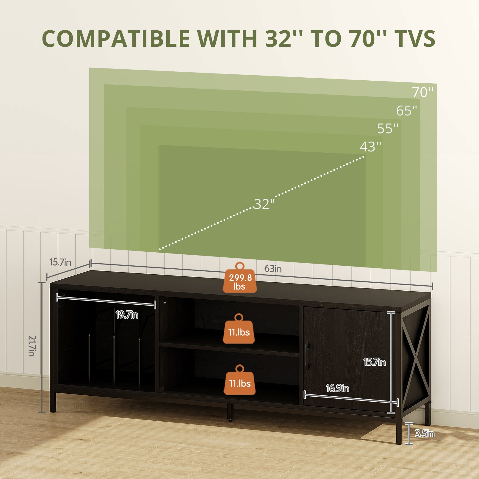 Modern TV Stand for 65 Inch TV, Mid-Century Media Console with Storage, Black