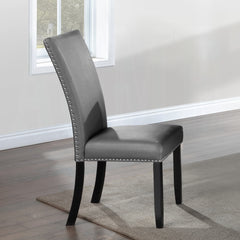 Modern Upholstered Side Chairs 2pc Set, Gray Synthetic Leather Nailhead Trim Black Legs Wooden Dining Furniture 1pc