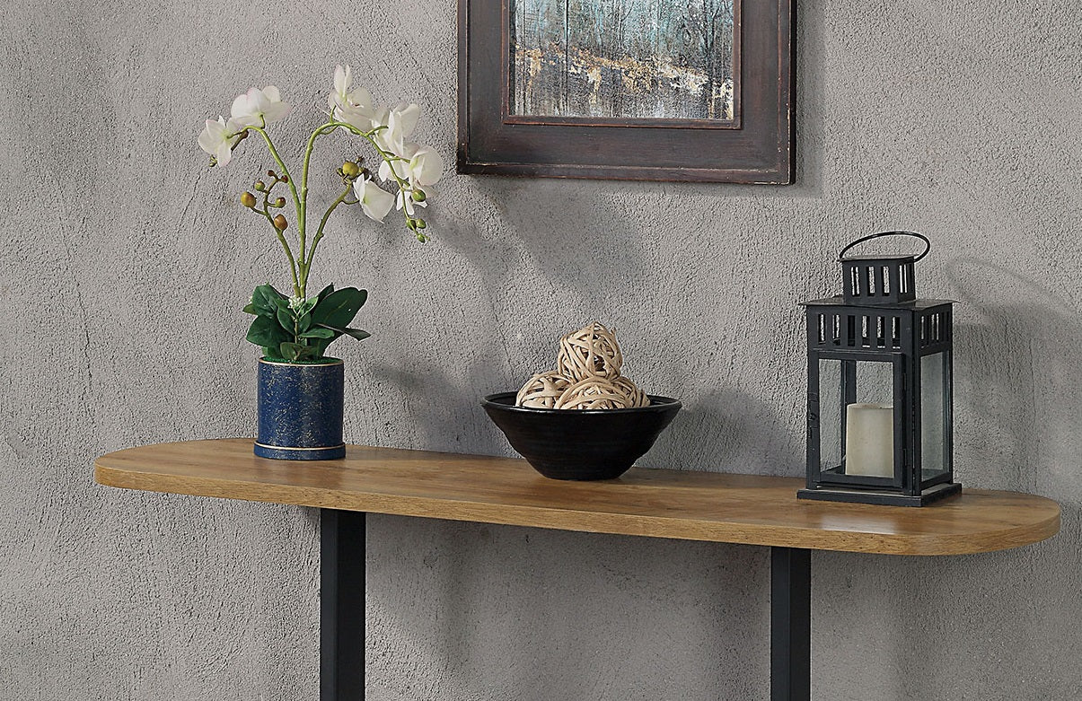 1pc Sofa Table Industrial Style U-Shape Base Replicate Wood Top Rustic Oak And Sand Black Finish Powder Coated Frame