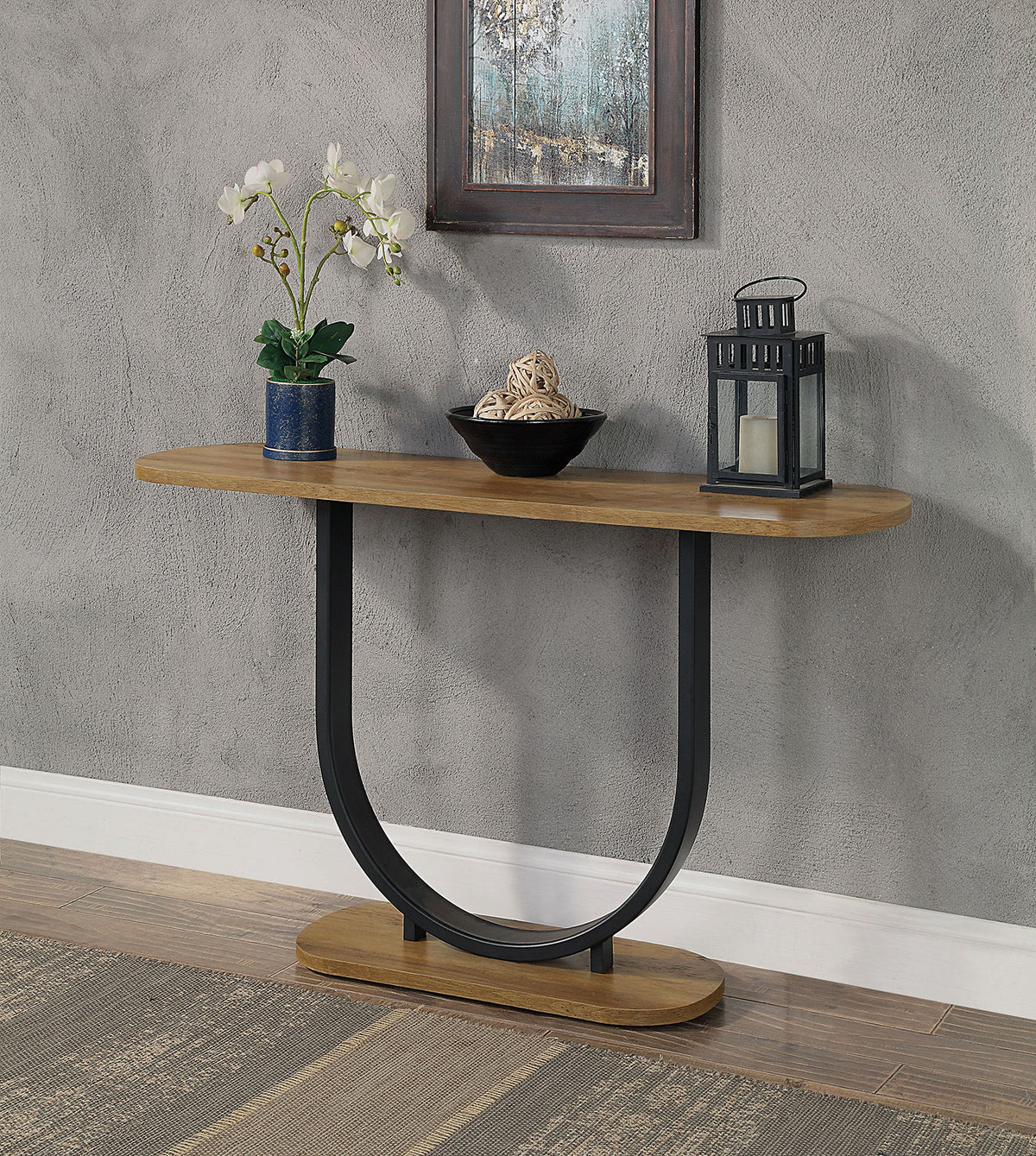 1pc Sofa Table Industrial Style U-Shape Base Replicate Wood Top Rustic Oak And Sand Black Finish Powder Coated Frame