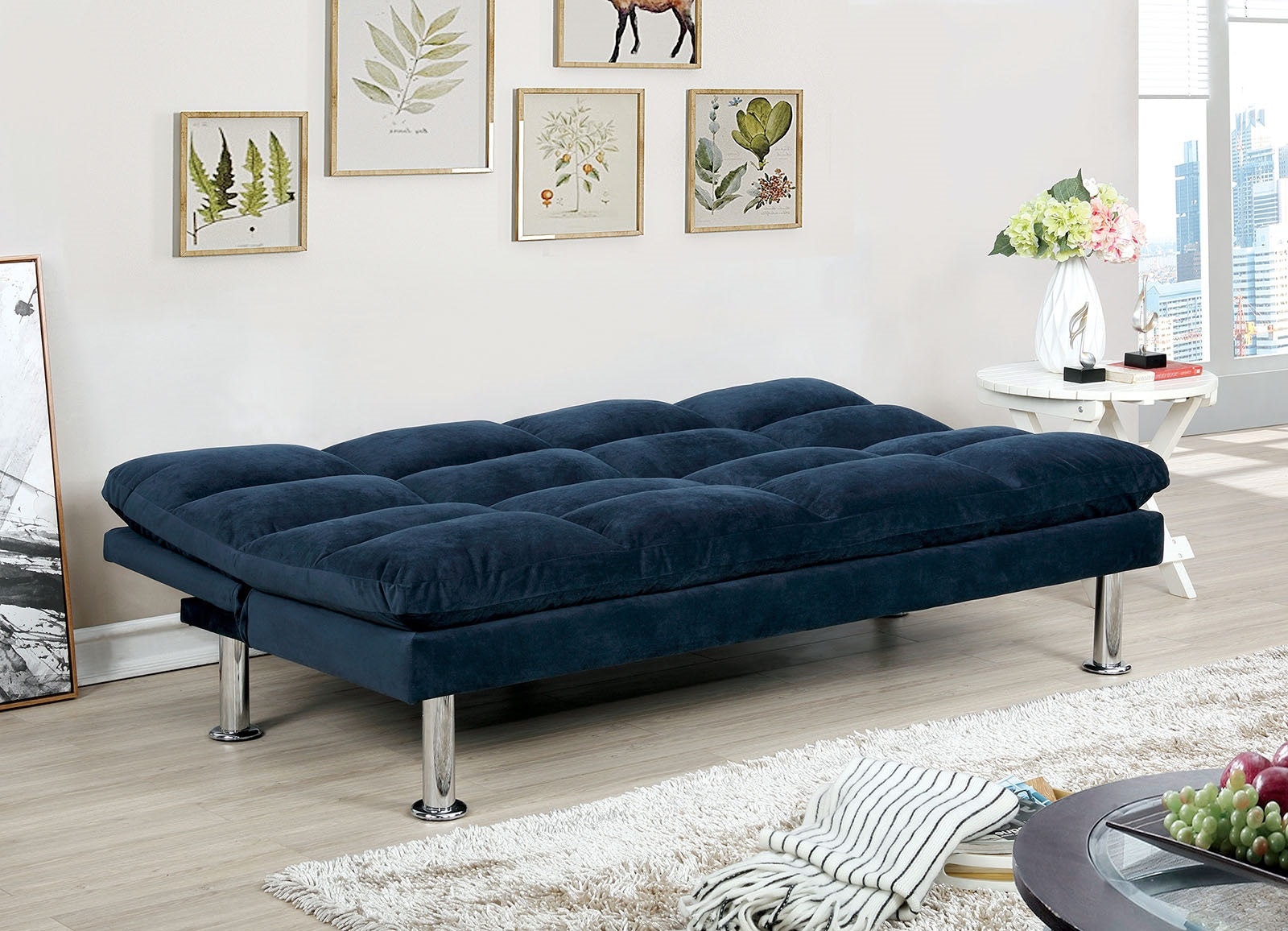 Contemporary Style Futon Bed Microfabric Converted Into Bed With Extra support Leg Primary Living Navy Finish