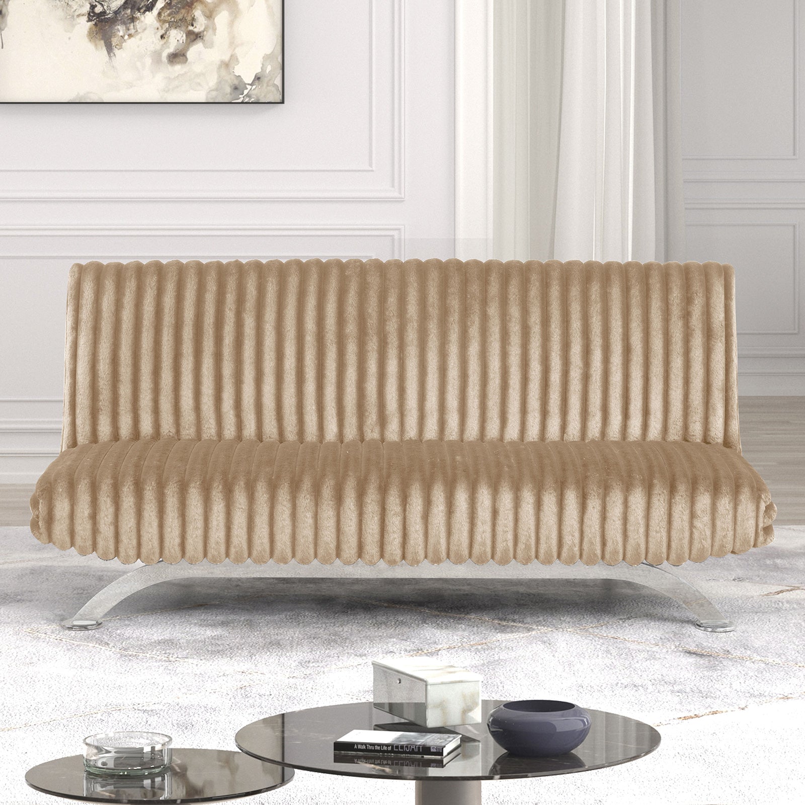 Futon Sofa Contemporary Style Convert Into Bed With Extra Support Metal Leg Chrome Finish Metal Base Legs Taupe Finish