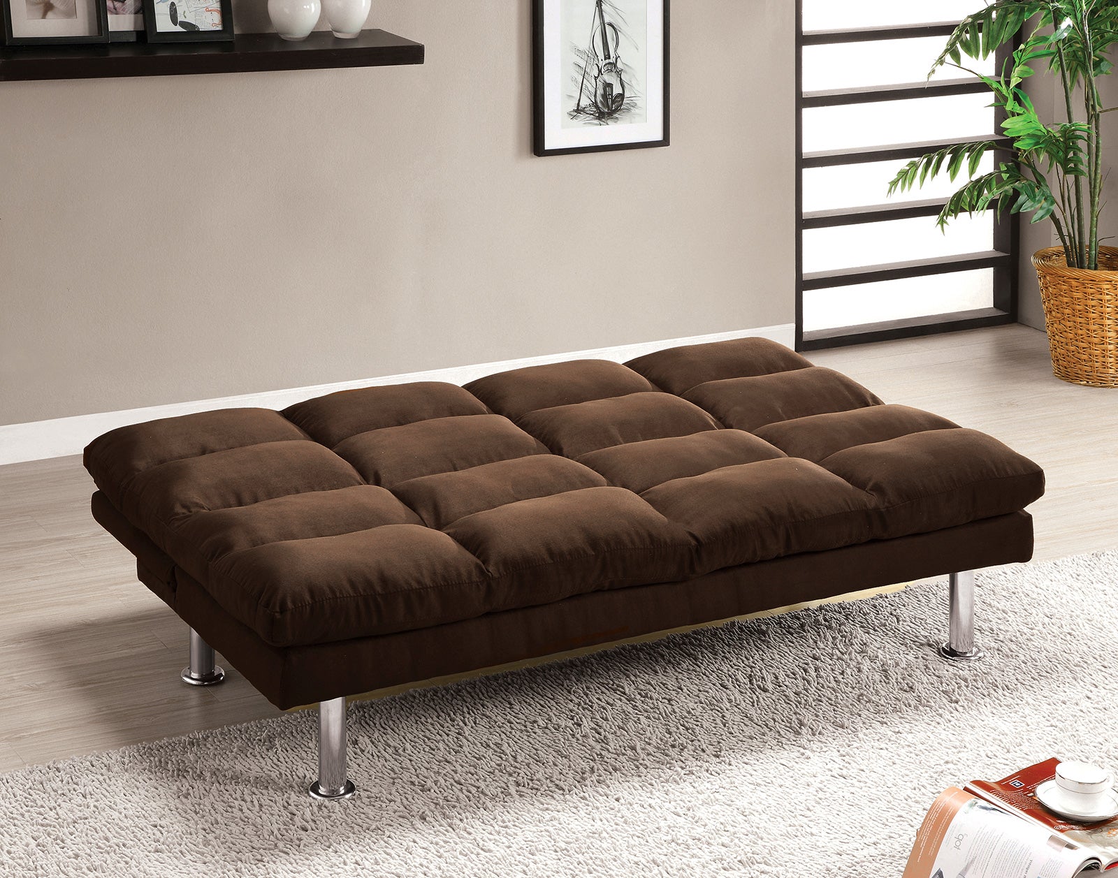 Contemporary Style Futon Sofa Bed Microfabric Converted Into Bed Wit Extra Leg Support Chrome Base Legs Dark Brown Finish