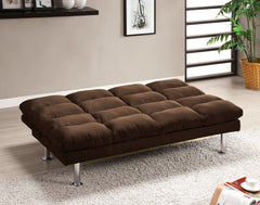 Contemporary Style Futon Sofa Bed Microfabric Converted Into Bed Wit Extra Leg Support Chrome Base Legs Dark Brown Finish