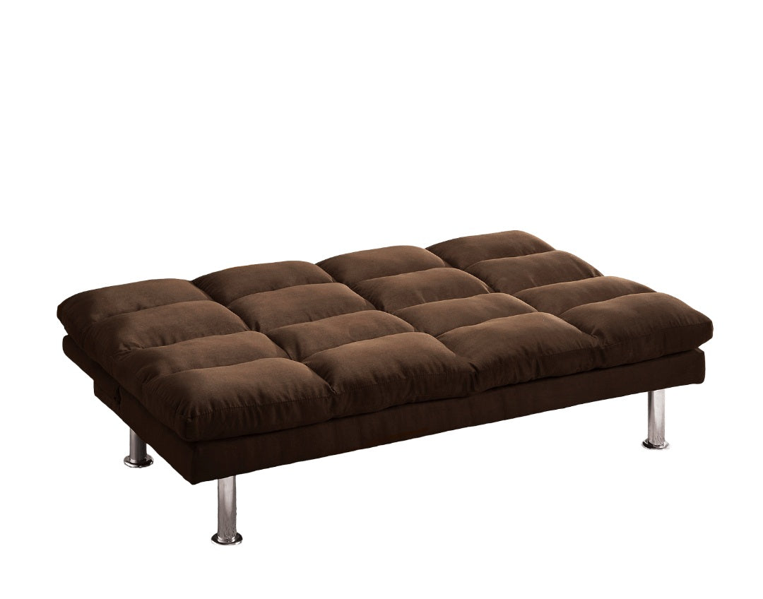 Contemporary Style Futon Sofa Bed Microfabric Converted Into Bed Wit Extra Leg Support Chrome Base Legs Dark Brown Finish