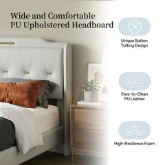 Queen Size Leather Bed frame with Wingback Headboard & Footboard, PU Upholstered Platform bed, Solid Wooden Slats Support, Easy Assembly