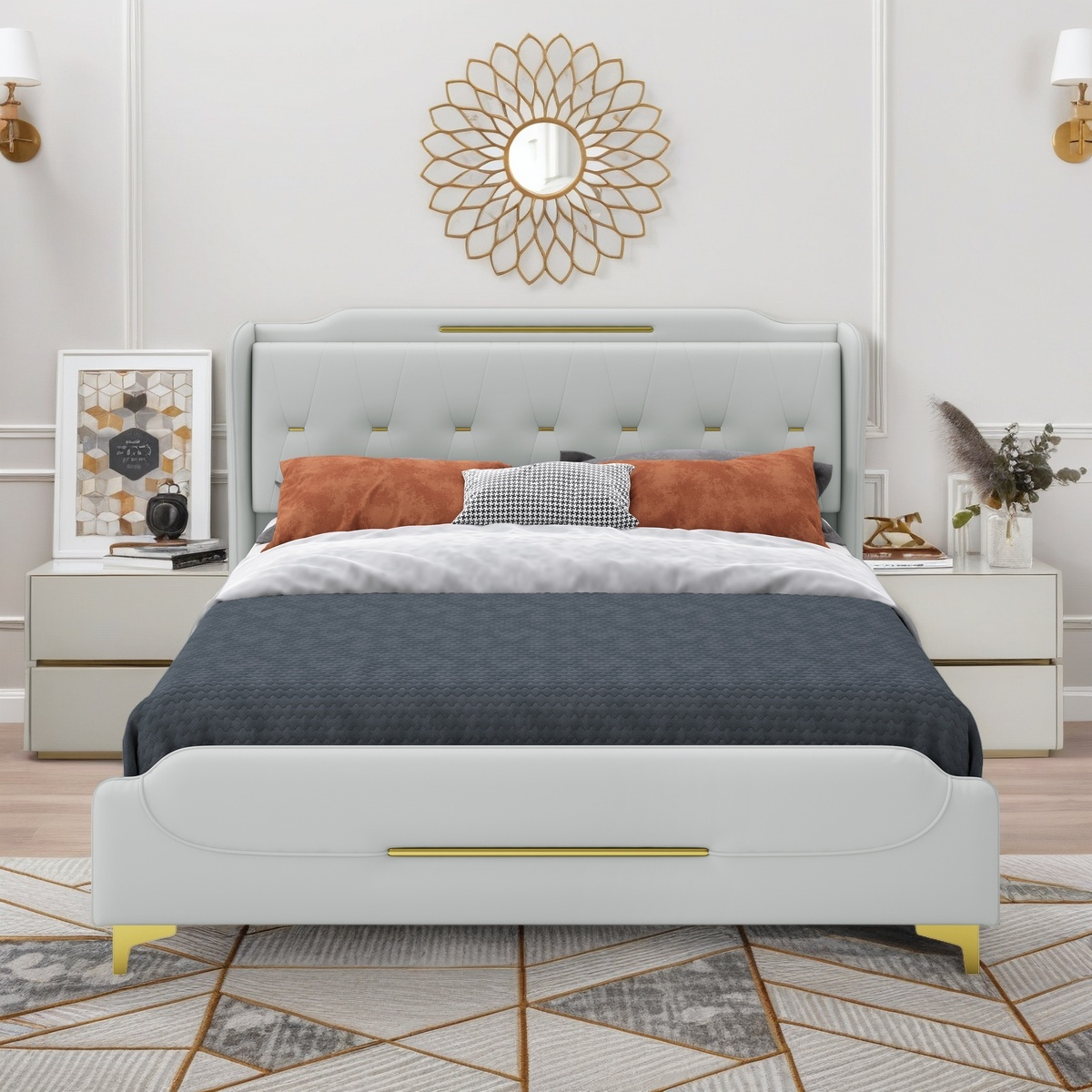 Queen Size Leather Bed frame with Wingback Headboard & Footboard, PU Upholstered Platform bed, Solid Wooden Slats Support, Easy Assembly