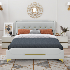 Queen Size Leather Bed frame with Wingback Headboard & Footboard, PU Upholstered Platform bed, Solid Wooden Slats Support, Easy Assembly