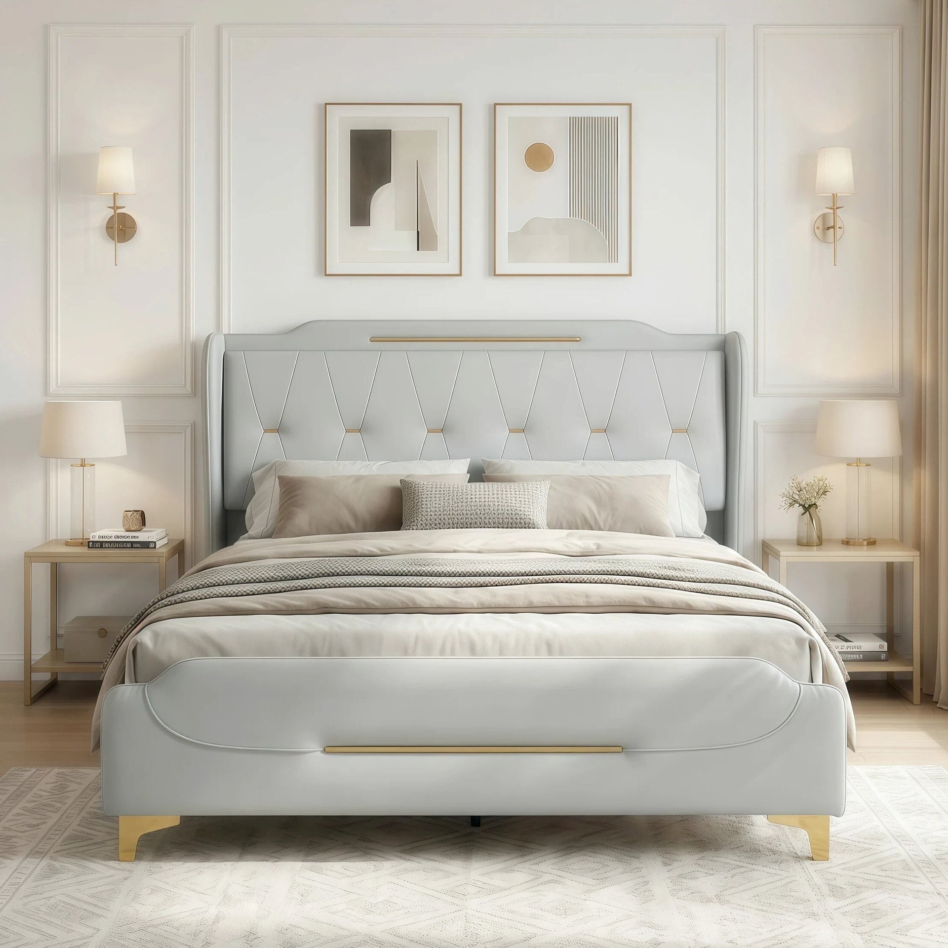 Queen Size Leather Bed frame with Wingback Headboard & Footboard, PU Upholstered Platform bed, Solid Wooden Slats Support, Easy Assembly